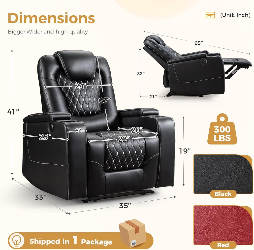 Power Recliner Chair with USB Ports and Cup Holders - Overstuffed Electric Home Theater Seating PU Leather Reclining