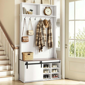 Hall Tree with Bench and Shoe Storage, 42" Wide, Entryway Hall Tree with Bench, Hanging Hooks, Storage Shelves