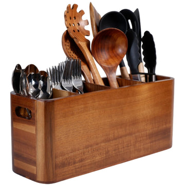 Wooden Kitchen Utensil Holder Organizer for Counter or Countertop, Large Wooden Utensil Holder for Storage Cooking