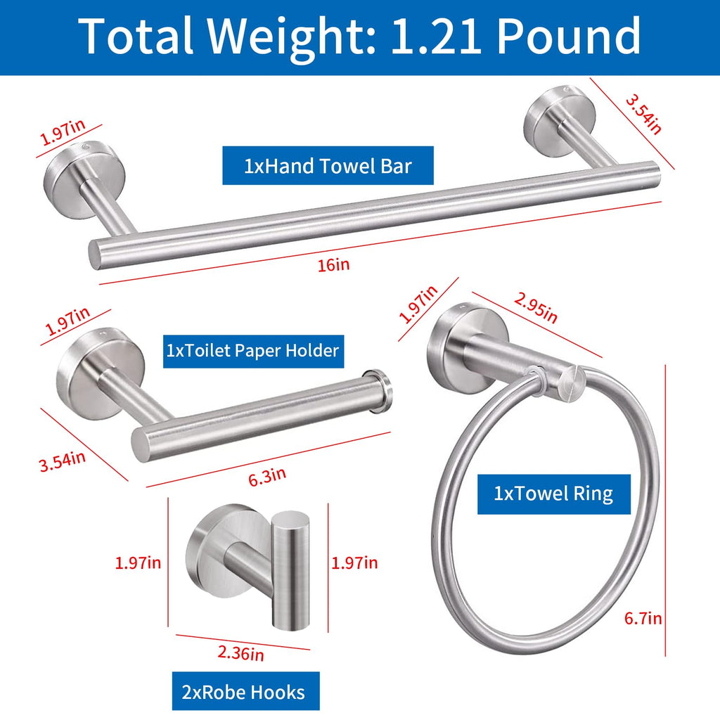 Bathroom Hardware Set, Bathroom Accessories Stainless Steel Wall Mounted, Including 16" Towel Bar, Toilet Paper