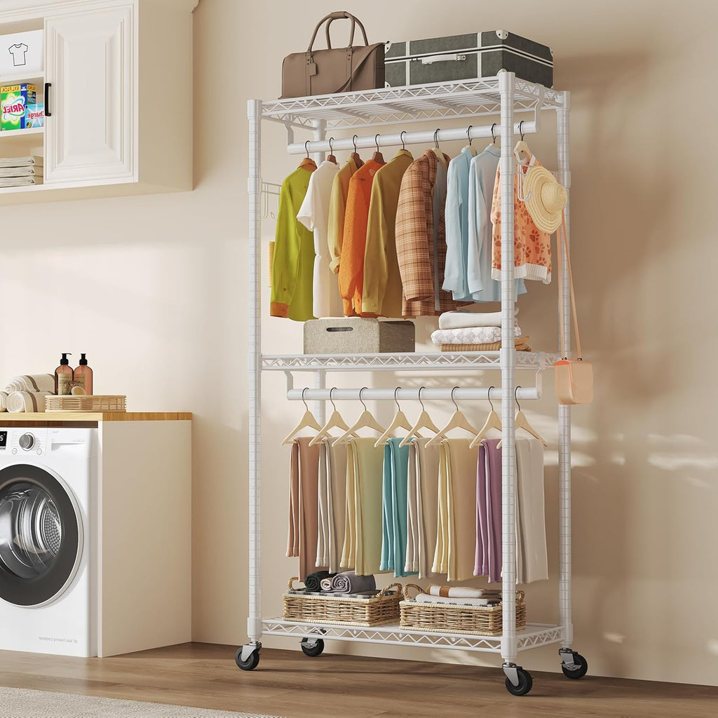 Heavy Duty Clothing Rack with Wheels, 3-Tier Adjustable Wire Garment Rack, Metal Freestanding Closet Organizer System