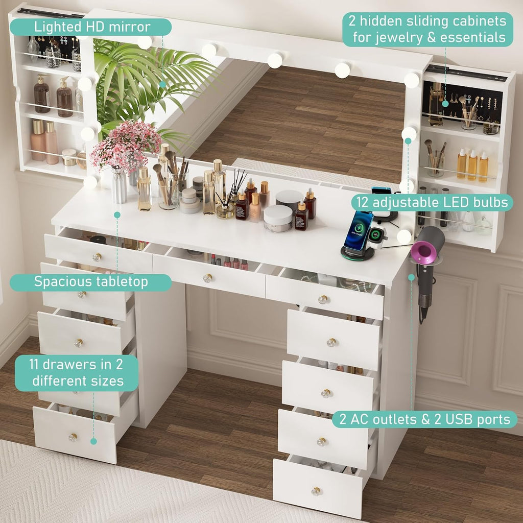 Vanity Desk with Mirror and Lights, White Vanity with Jewelry Storage Cabinet, Makeup Dressing Table with 11 Drawers