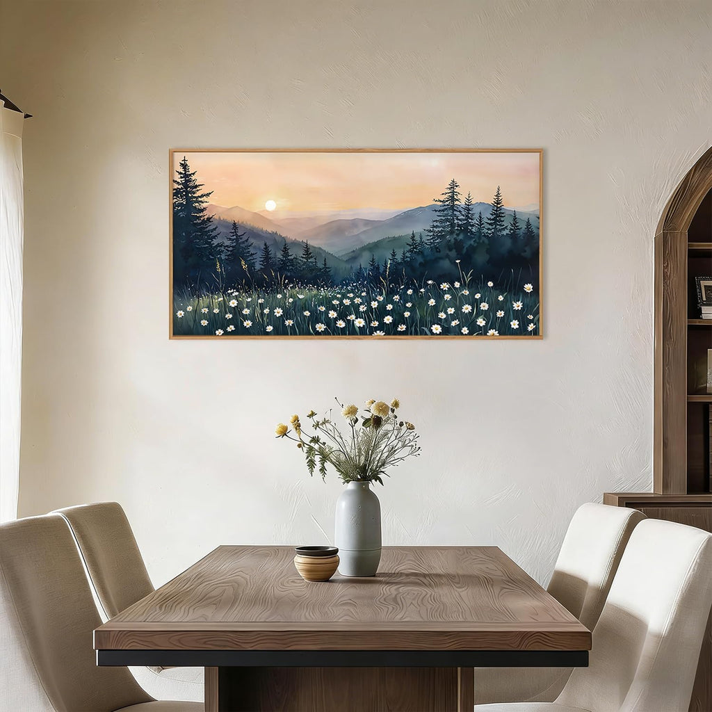 Mountain Floral Landscape Framed Canvas Wall Art Set,Watercolor Forest Wall Decor,Misty Pine Tree Art Prints,Nature