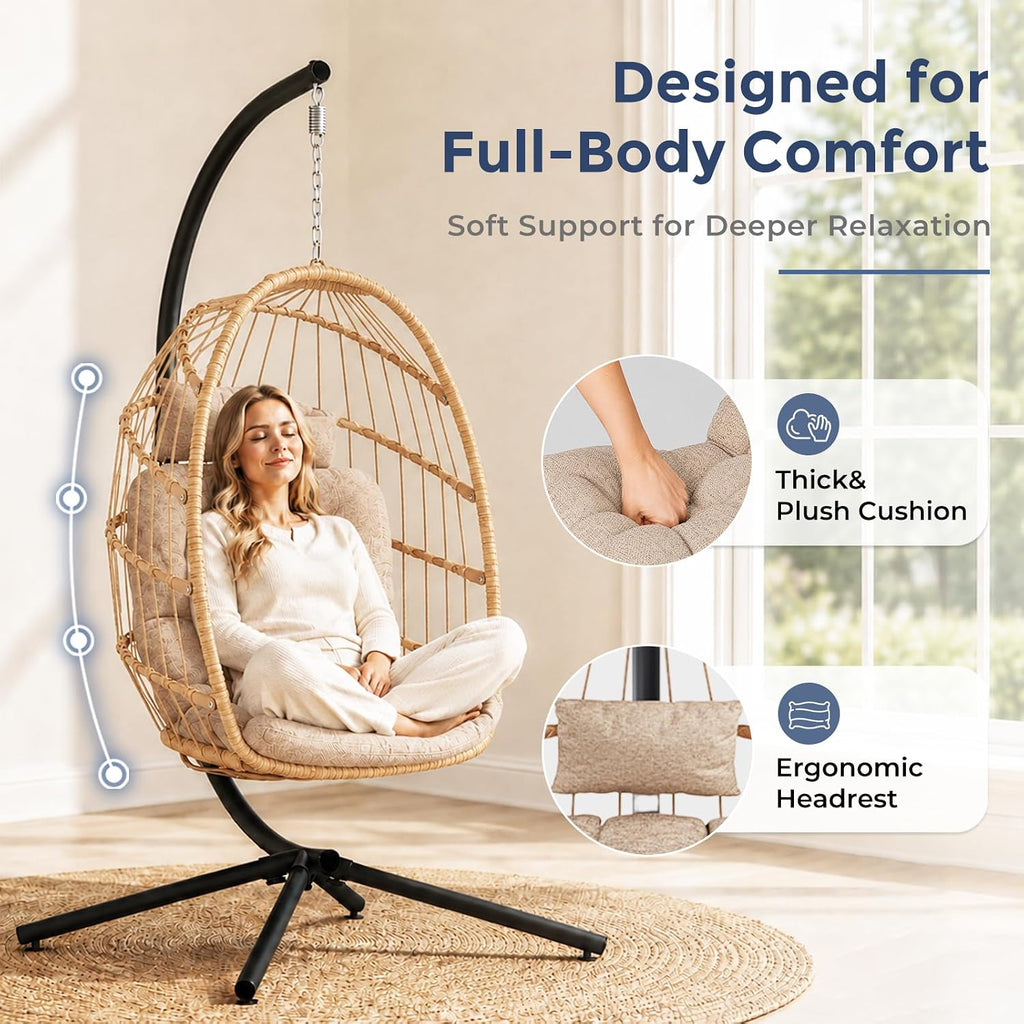 Outdoor Hanging Egg Chair with Stand, Indoor Wicker Egg Shaped Swing Chair with Cushion, 370lbs Capacity Comfy Patio