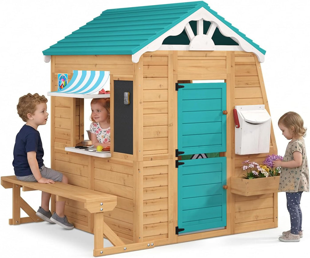 Wooden Kids Playhouse Cottage with Bench, Split Door, Mailbox, Blackboard, Toy Sink & Kitchen Playset, 70.9" x 50.4"