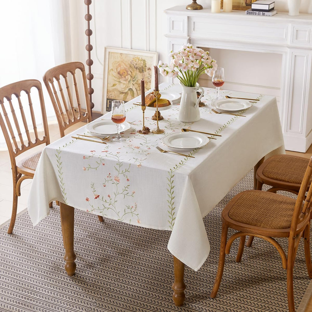 Linen Style Embroidered Tablecloth, Waterproof and Wrinkle-Resistant Table Cloth Rectangle Tables, F