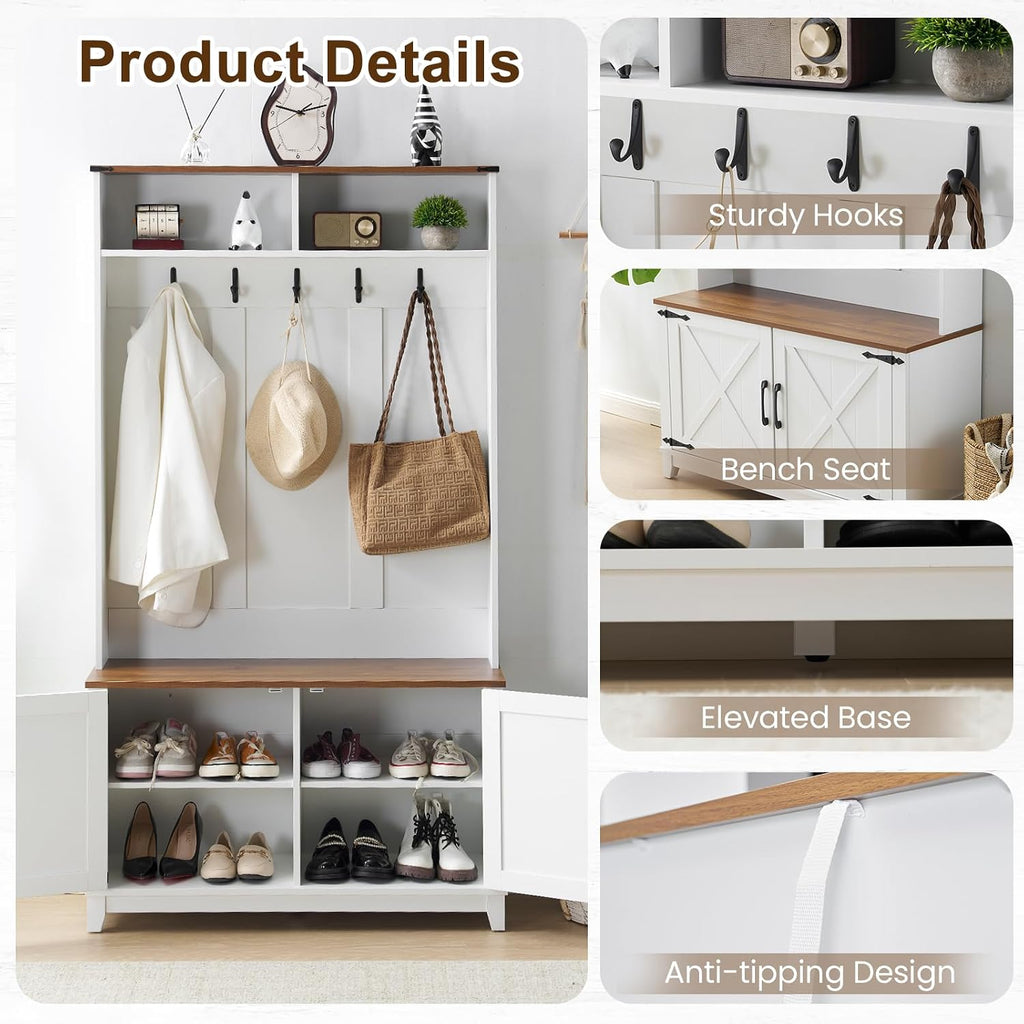 38" Farmhouse Hall Tree with Bench and Shoe Storage, Entryway Bench with Coat Rack, 2 Open Compartments, 5 Coat