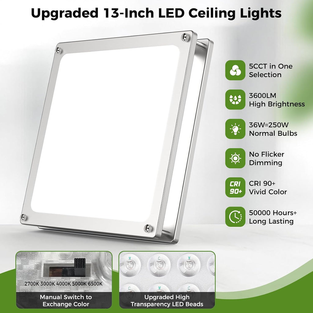 13 Inch Dimmable LED Ceiling Lights , 1-Pack 36W Square Flush Mount Light Fixtures, 3200LM Super Bright