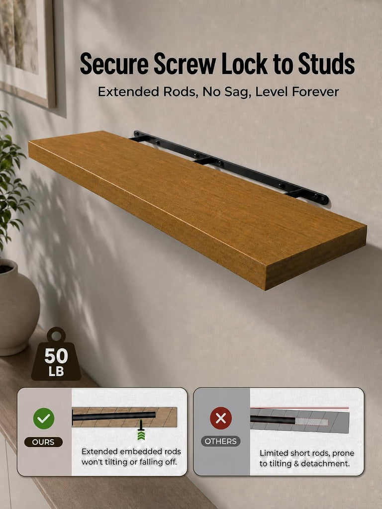 36 Inches Long Walnut Floating Shelves | Rustic Solid Wood Farmhouse Wall Shelves with Invisible Brackets Set of 2