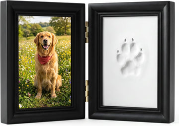 Pet Paw Print Photo Frame with No-Mess Clay - Wooden Shadow Box Keepsake for Dogs and Cats, DIY Memorial Picture