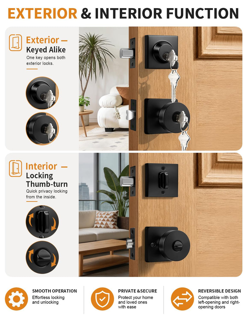 Door Knobs with Deadbolt for Exterior/Interior, 2 Pack Keyed Alike Heavy Duty Front Door Locksets, Inside/Outside
