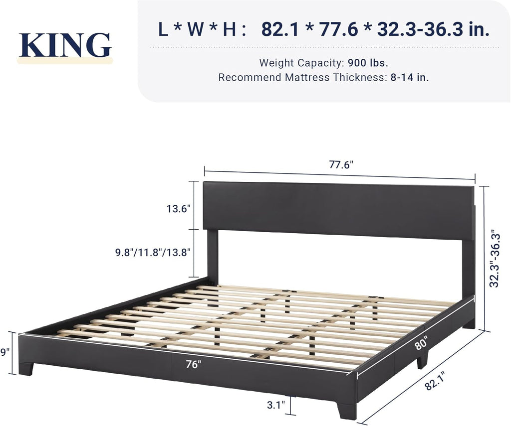 King Bed Frame with Adjustable Headboard, Faux Leather Platform Bed with Wood Slats, Heavy Duty Mattress Foundation