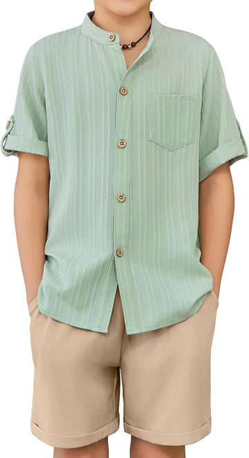 Boys Summer Outfits Textured Button Down Shirt and Shorts Set