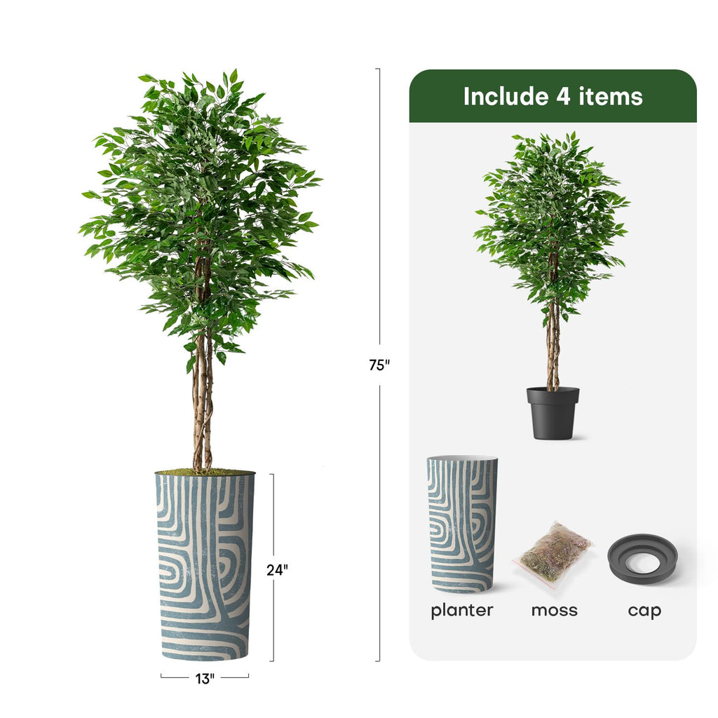 Artificial Tree in Geometric Pattern Planter, Fake Ficus Silk Tree for Indoor and Outdoor Home Decoration - 75"