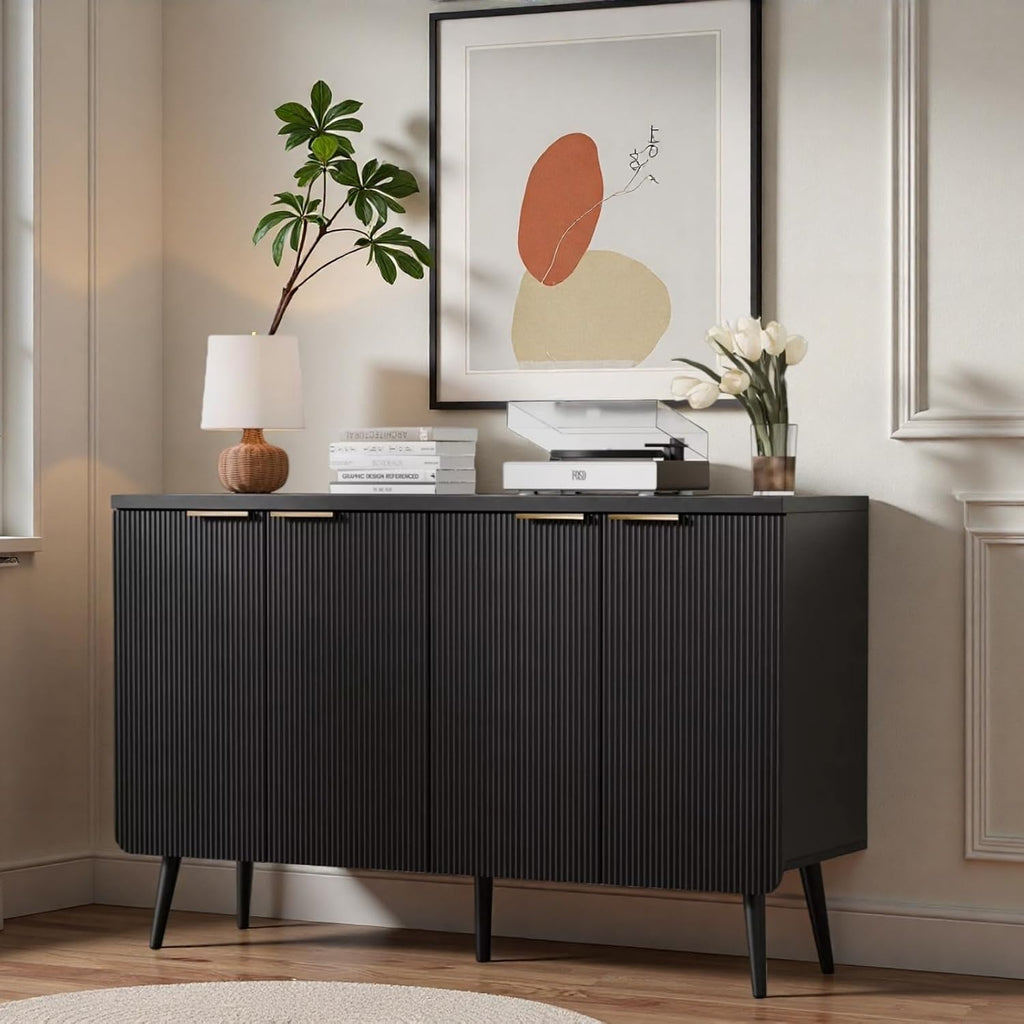47.2" Modern Fluted Sideboard Cabinet with 4 Doors, Wood Storage Credenza with Shelves