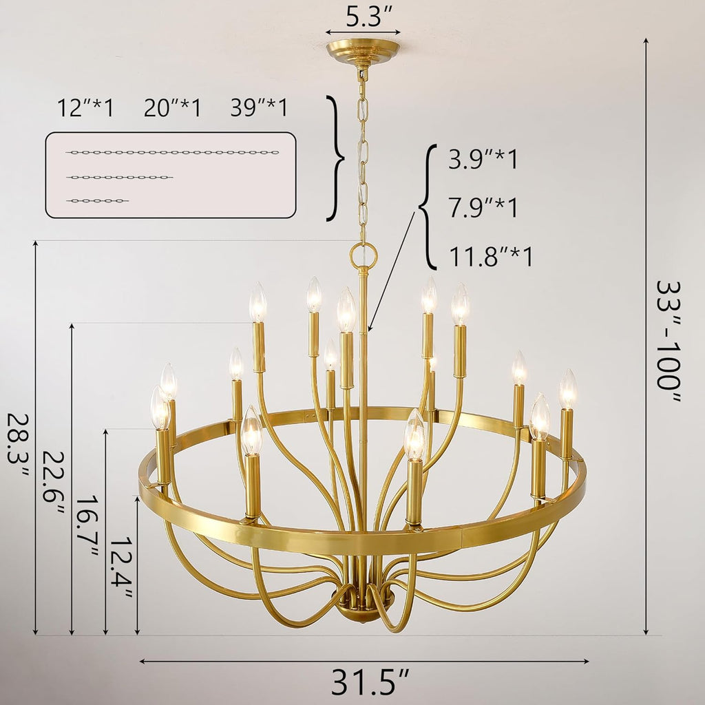 Gold Chandelier 15-Light Candle Chandelier Modern Farmhouse Pendant Lighting Fixture for Dining Room Bedroom Living Room Kitchen Island Foyer Entryway E12 Bulb Vintage Golden Ceiling Light