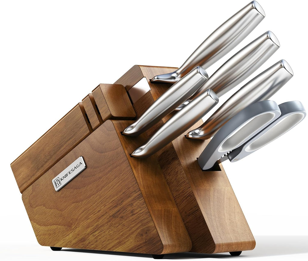 Kitchen Knife Set with Block and Detachable Sharpener | 8-Piece High Carbon Stainless Steel Knife Block Set, Fully