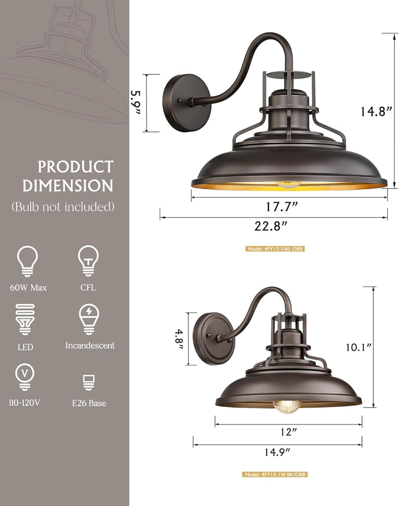 Outdoor Barn Light Fixture, 12" Oil Rubbed Bronze Exterior Lighting Fixtures, Vintage Farmhouse Outdoor Light Fixture