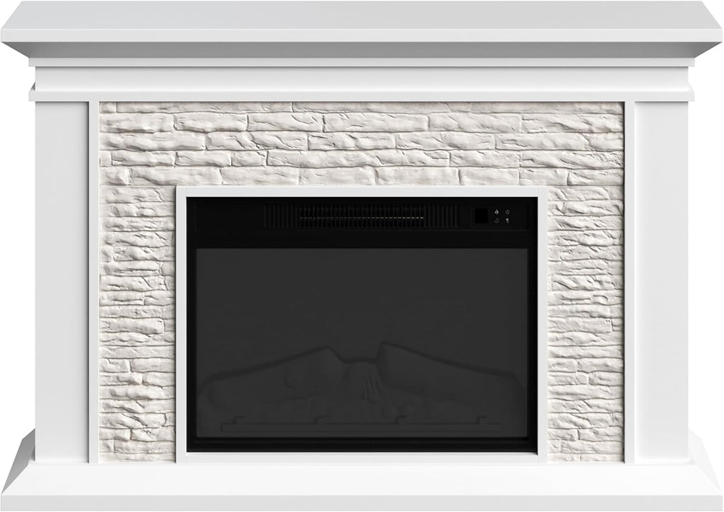 Electric Fireplace with Mantel - Freestanding Heater with Remote Control, Light-Adjustable LED Flames, and Faux Logs