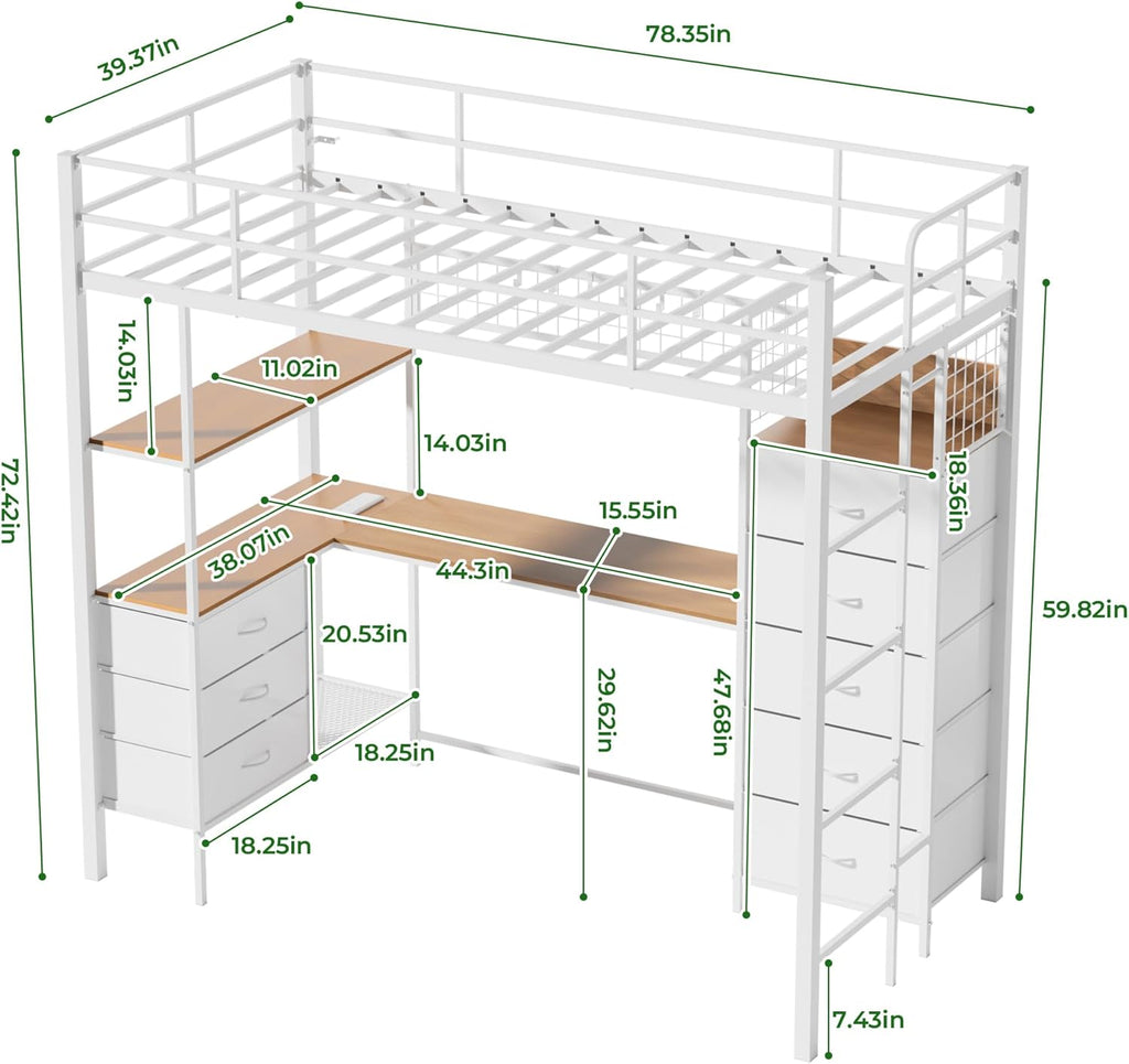Twin Loft Bed with Desk, LED Lights, Charging Station