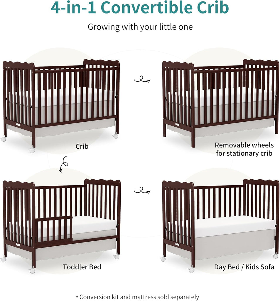 4-in-1 Convertible Wood Baby Crib, Toddler Bed & Daybed (Espresso) | Locking Wheels, 3 Heights, Non-Toxic Finish