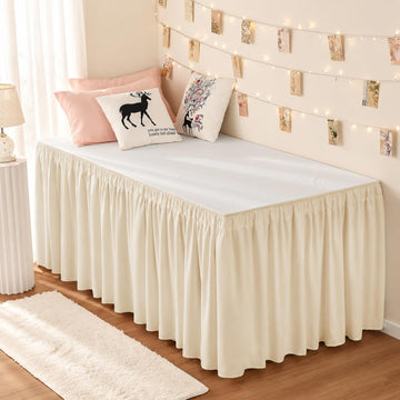 Dorm Bed Skirt Twin XL 42 Inch Drop, Easy to Install Extra Long Wrap Around Elastic Dust Ruffle, Cream Bedskirt Silky