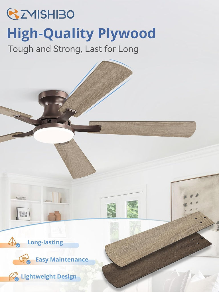60 Inch Ceiling Fan with Light, App&Remote Control, Flush Mount Low Profile, Dimmable 20W LED Light, Quiet Reversible Motor for Bedroom, Living Room, Apartment, Brown