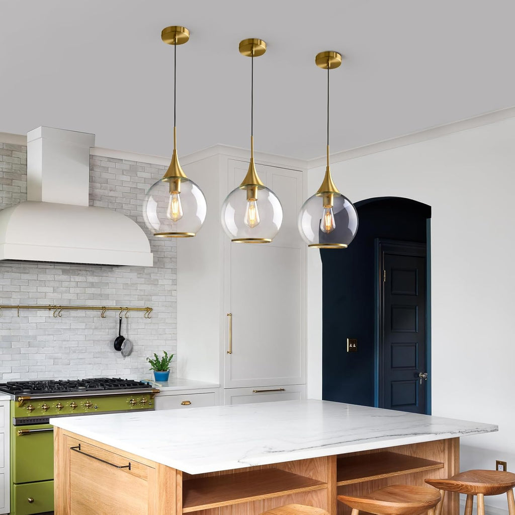Pendant Lights Kitchen Island: Brushed Gold Light Fixture Farmhouse with Clear Glass - 10 Inch Mid Century Globe