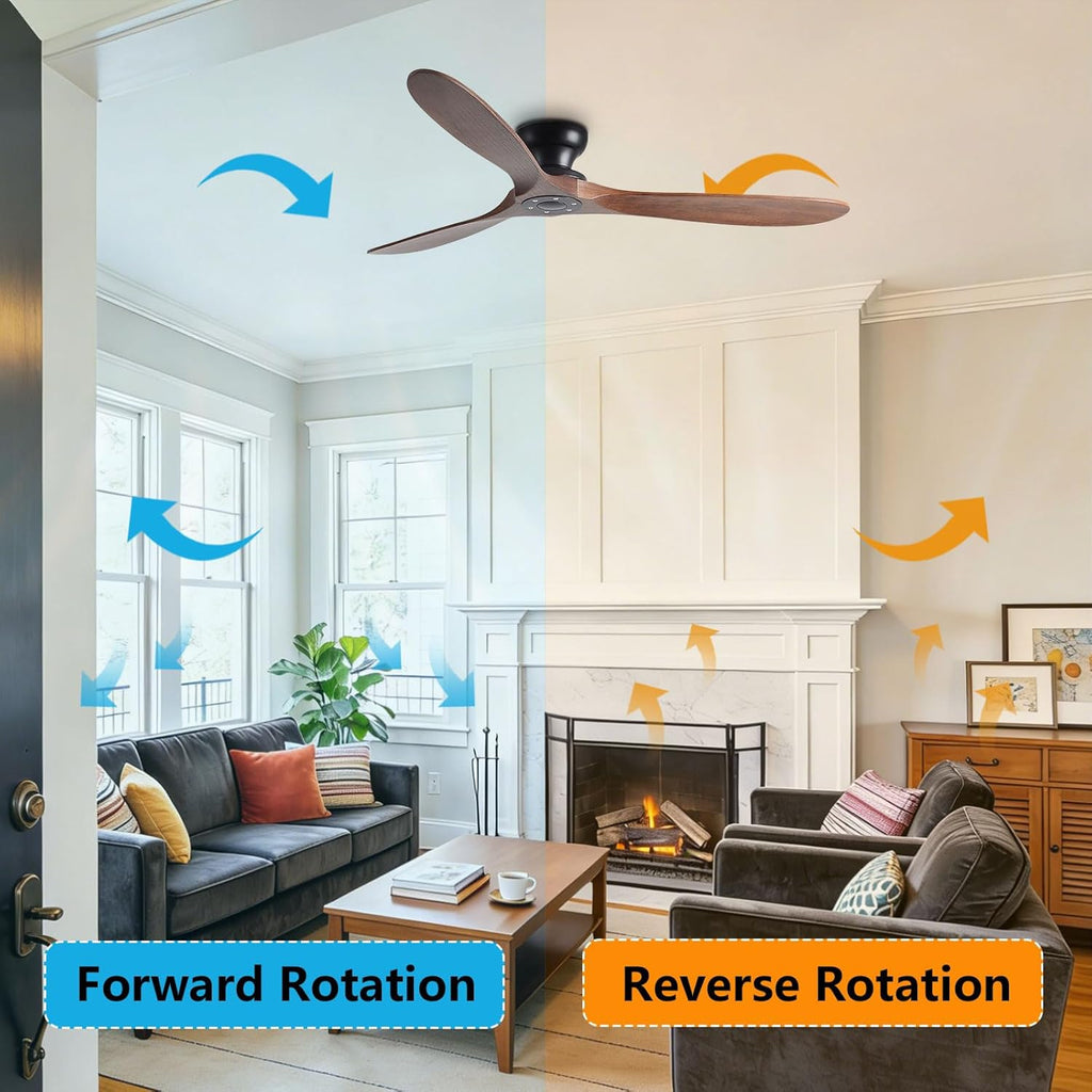 Solid Wood 60in Ceiling Fan Without Lights Flush Mount Ceiling Fans with Remote Control 6 Speeds