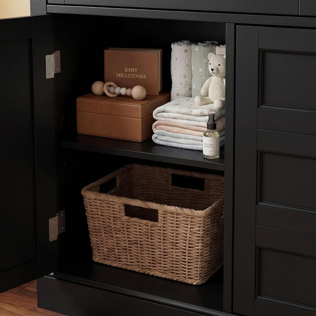 46" Black Baby Changing Table Nursery Dresser with Removable Top | Large Dresser with 5 Storage Drawers and 2 Doors