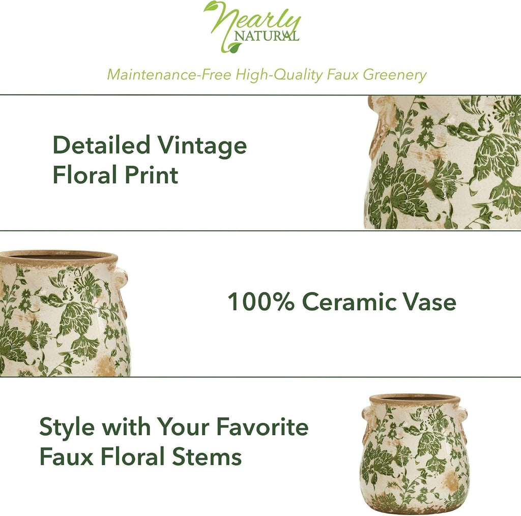 6.5in Ceramic Decorative Vase Tuscan Style Green Floral Scroll Design