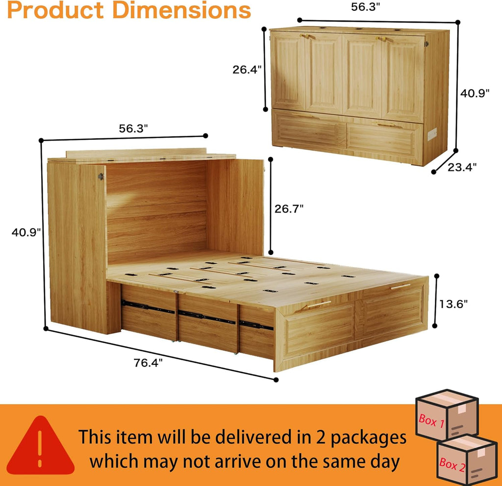 Murphy Bed Full: Oak 2 in 1 Murphy Bed Cabinet with Drawer, Wood Cabinet Bed with Charging Station, Modern Hidden