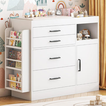 Changing Table Dresser, Baby Nursery Dresser with 4 Drawers & 1 Cabinet & 3 Open Shelves Storage, Modern Diaper