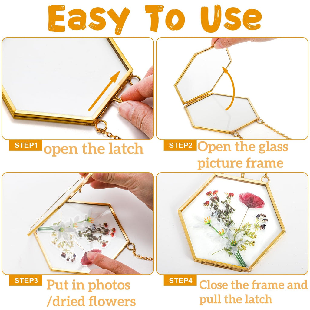 3 Pack Pressed Flowers Glass Frames, Brass Hanging Picture Frames with Chain, Small Golden Floating Photo Frame