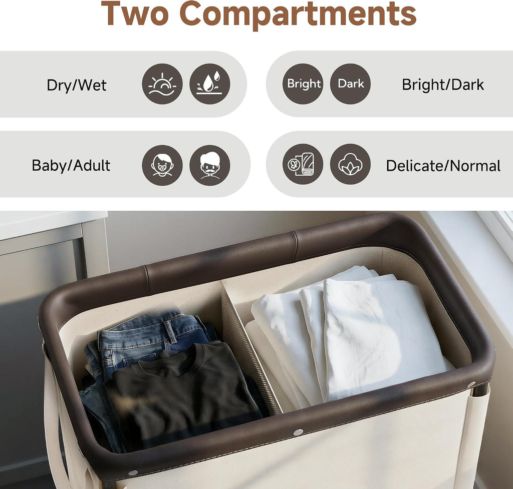 2 Section Laundry Hamper, 100L Beige Sorter Cart with Wheels