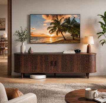 58" Mid-Century Modern TV Stand with Sliding Doors, TV Consoles with Power Outlet, Fluted Entertainment Center with Adjustable Shelves for Living Room