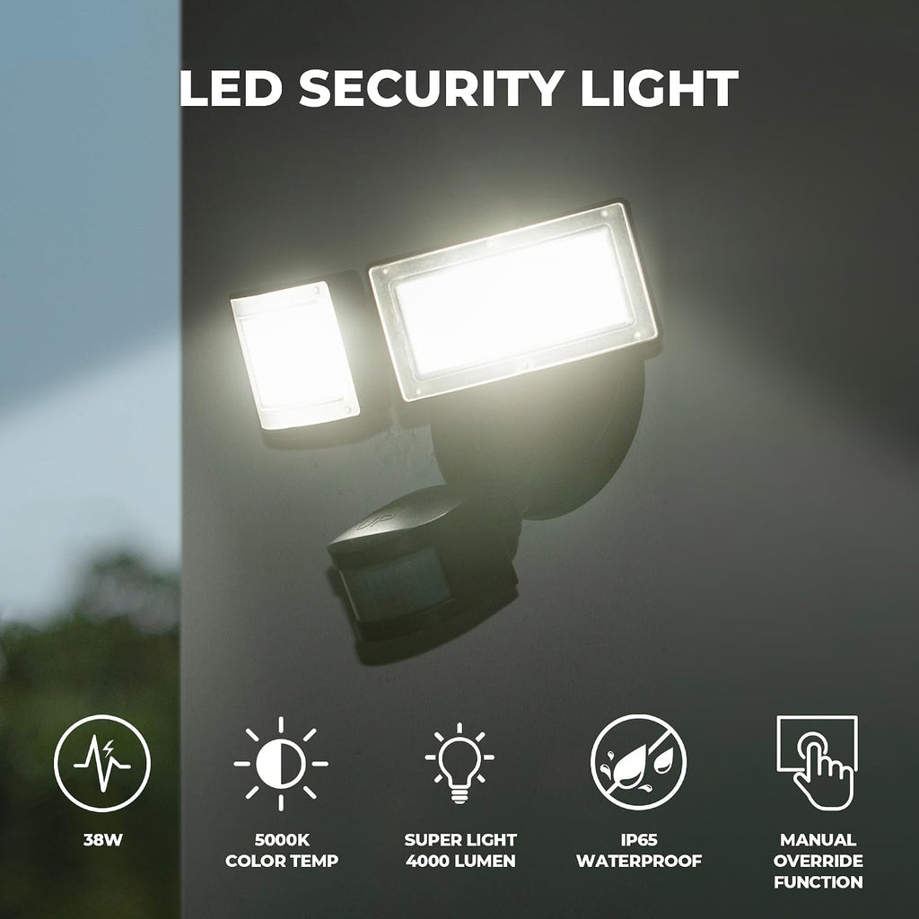 LED Motion Sensor Outdoor Lights, 38W 4000LM 5000K Daylight, IP65 Waterproof Flood Light, 2 Head Dusk to Dawn Motion