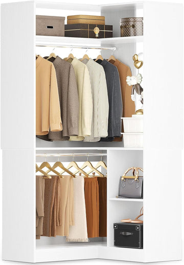 Corner Closet System With Shelves, 34'' Organizer With Hanging Rods, Wood Walk-in for Small Space, Freestanding