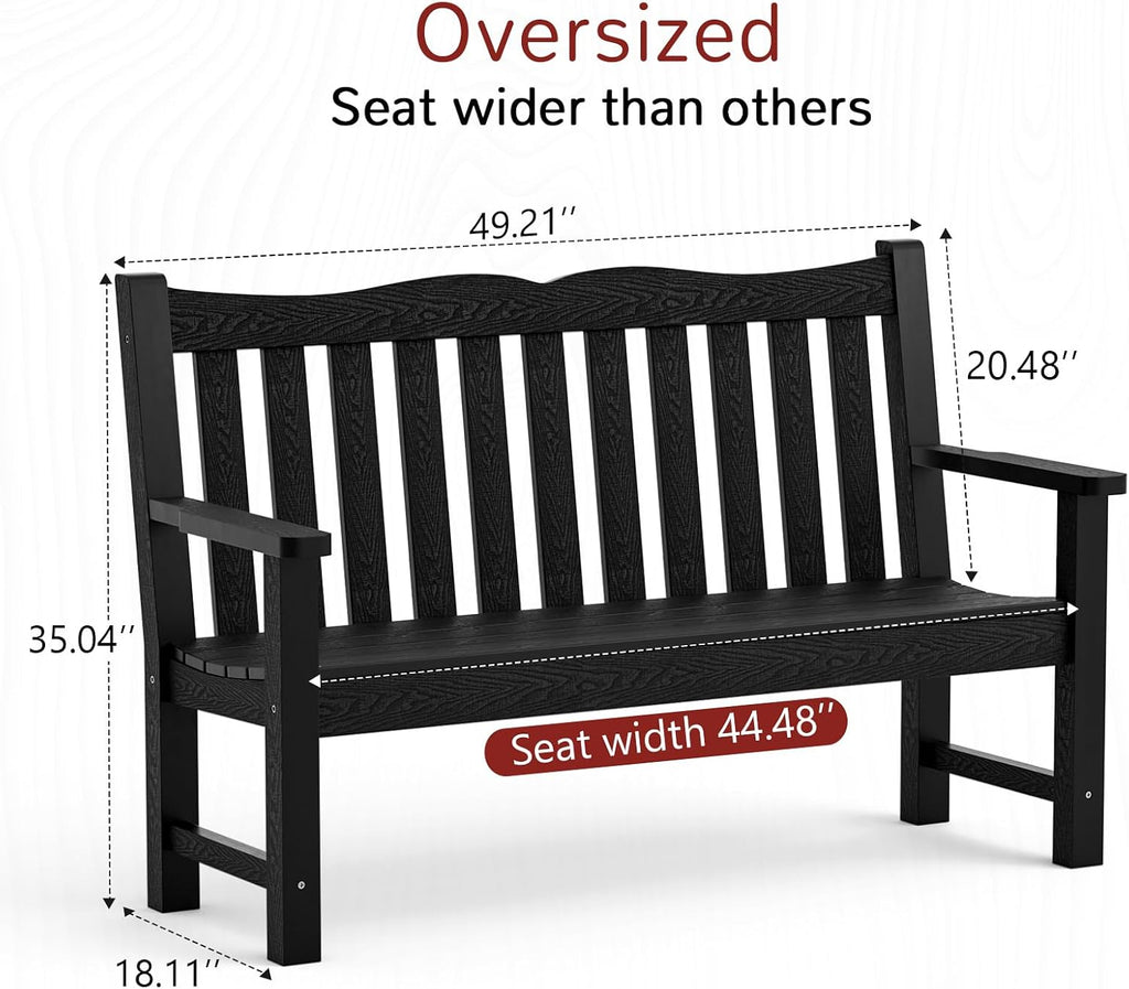 All-Weather 2-Person Outdoor Bench, 800 lbs Capacity HIPS Plastic Garden Bench , Backyard, Porch and Park, Never