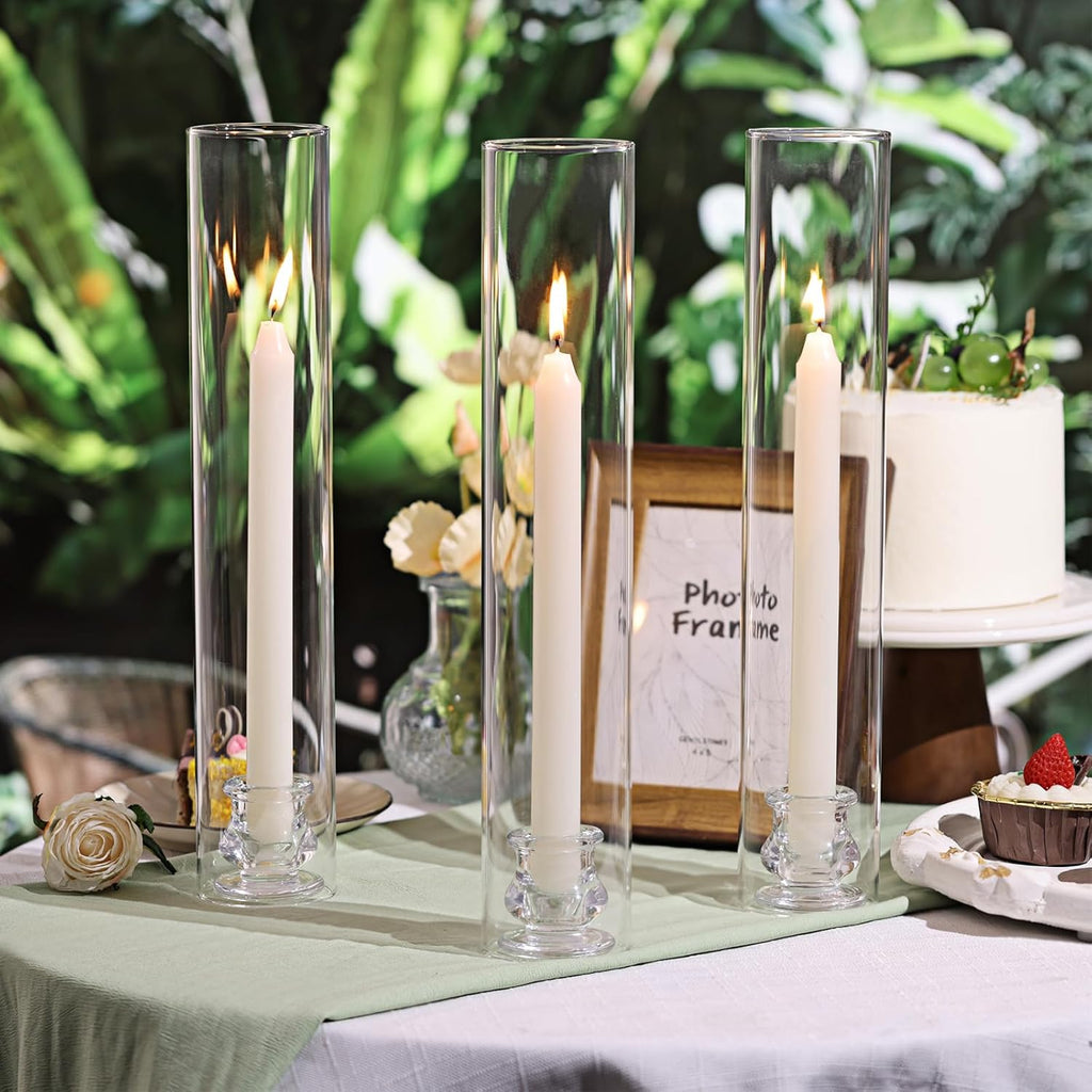 Hurricane Glass Candle Holders- Set of 6 Candlestick Holders for Taper Candles with Windproof Cylinder Covers 14"