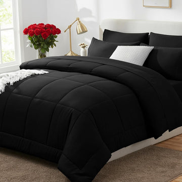 Comforter Set Black, 7 Pieces Bed in a Bag, Black Comforter