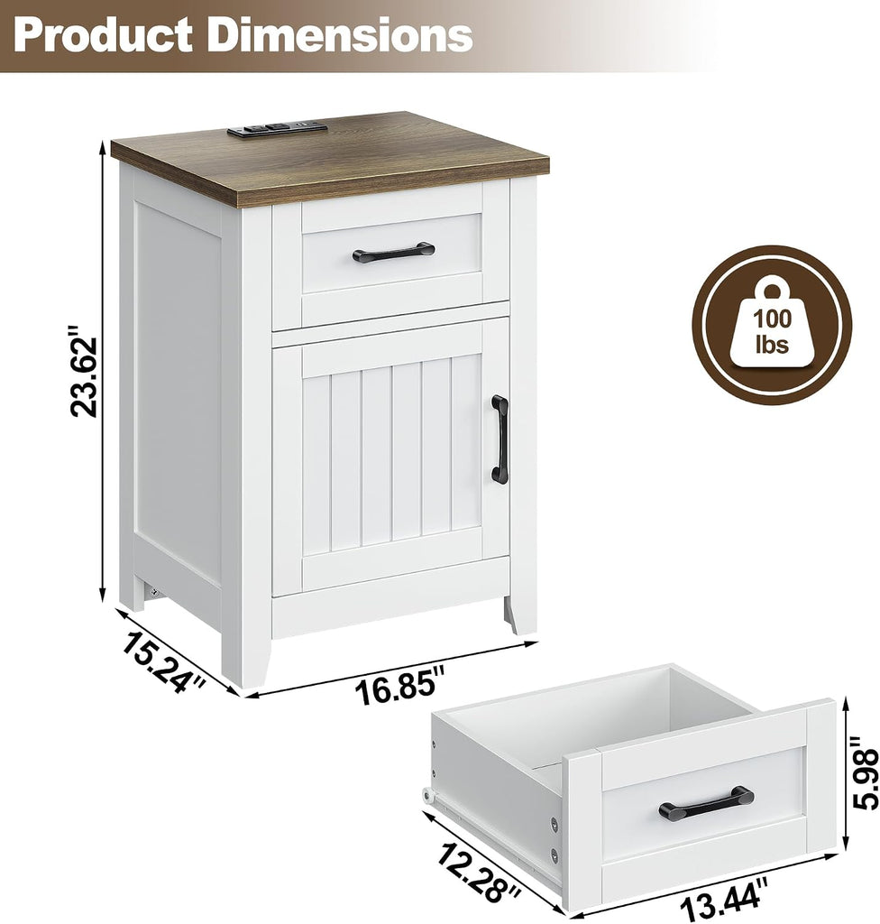 Farmhouse Nightstand with Charging Station, Set of 2 Modern End Tables with Large Storage and One Drawers, Outlets