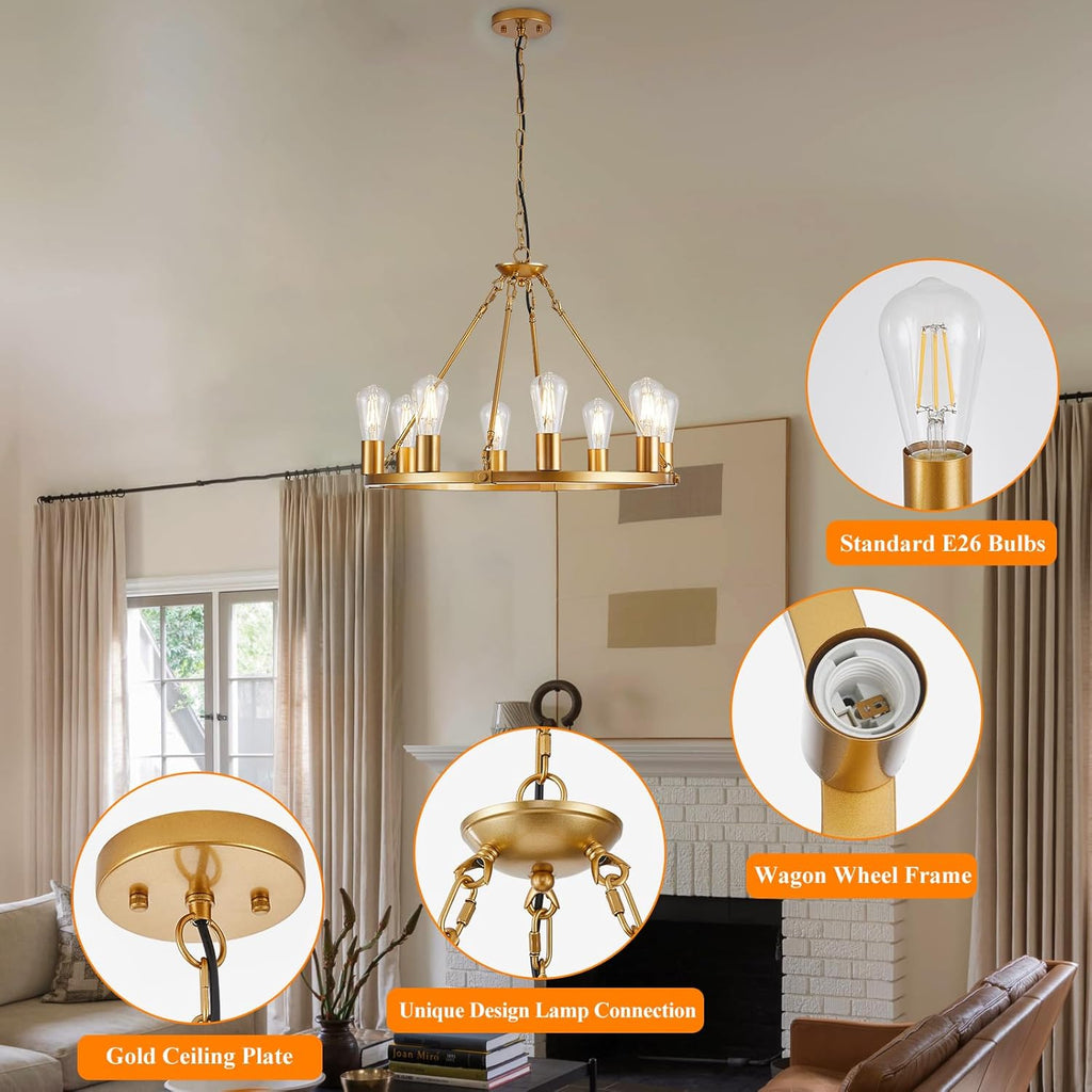 Inspired Camino Style Chandelier - Gold Wagon Wheel Chandelier, 8 Lights Dining Room Light Fixture,23.6" Golden Metal Kitchen Island Lighting Round Pendant Light Hanging Lamp for Foyer Living Room Entryway,Height Adjustable,E26