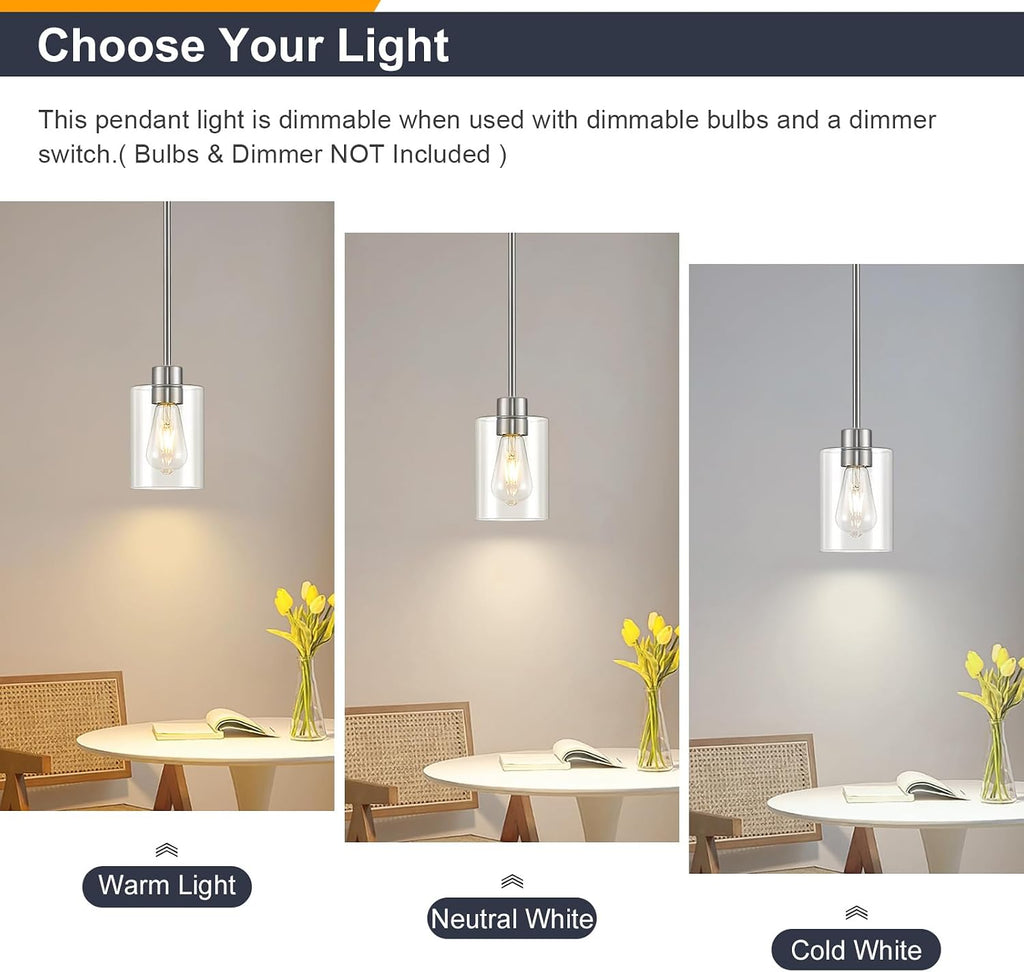 Modern Farmhouse Brushed Nickel Pendant Lights, Mini Hanging Light Fixture with Clear Glass Shade, Adjustable Rods