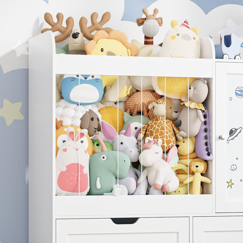 40" Toy Organizers and Storage, Stuffed Animal Holder with Magnetic Drawing Board, Wooden Toy Organizer with 2