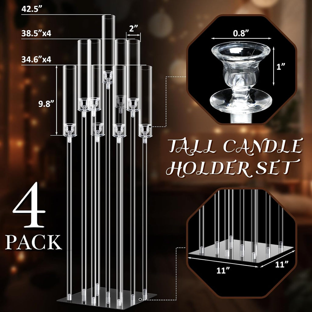 4 Set 9 Arm Acrylic Candelabra Candle Holder 42.5'' Clear Candelabra Centerpieces, Candlesticks Holder with
