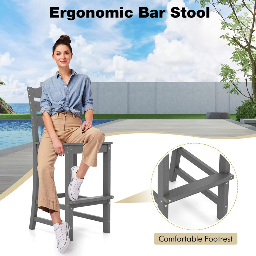 Outdoor HDPE Bar Stool, Patio Tall Bar Chair with Backrest and Footrest, 30 Inches Counter Height Barstools, Weather