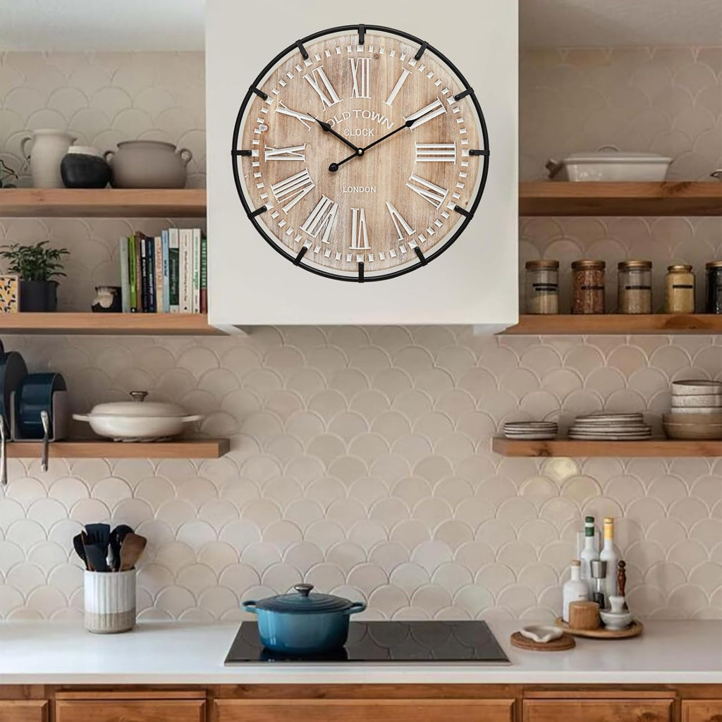 24 Inch Grand Farmhouse Wall Clock, Vintage-Inspired Wood & Metal Design with Large Etched Numbers