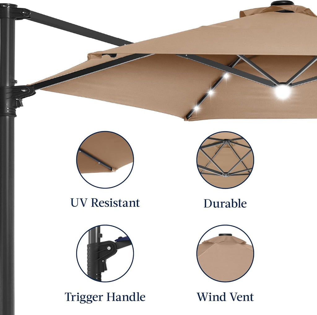 10ft Solar LED Offset Cantilever Hanging Market Patio Umbrella, Smooth 360° Rotation, 8 Sturdy Ribs, Easy Adjustment