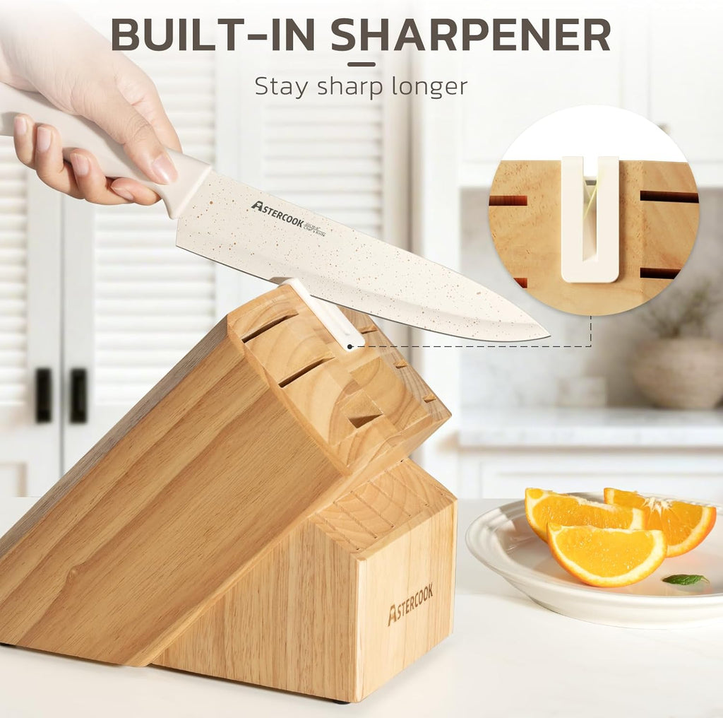 Knife Set, 15 Pieces Kitchen Knife Set with Sharpener Block, German Stainless Steel Knives with Anti-Rust Coating